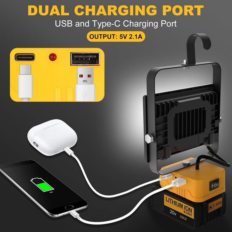 T-SUN 60W Battery Work Light,Cordless LED Light for Dewalt 18V/20V Battery,with USB & Type C Charging Port, Portable Work Light for Workshop, Emergency and Job Site - Image 5